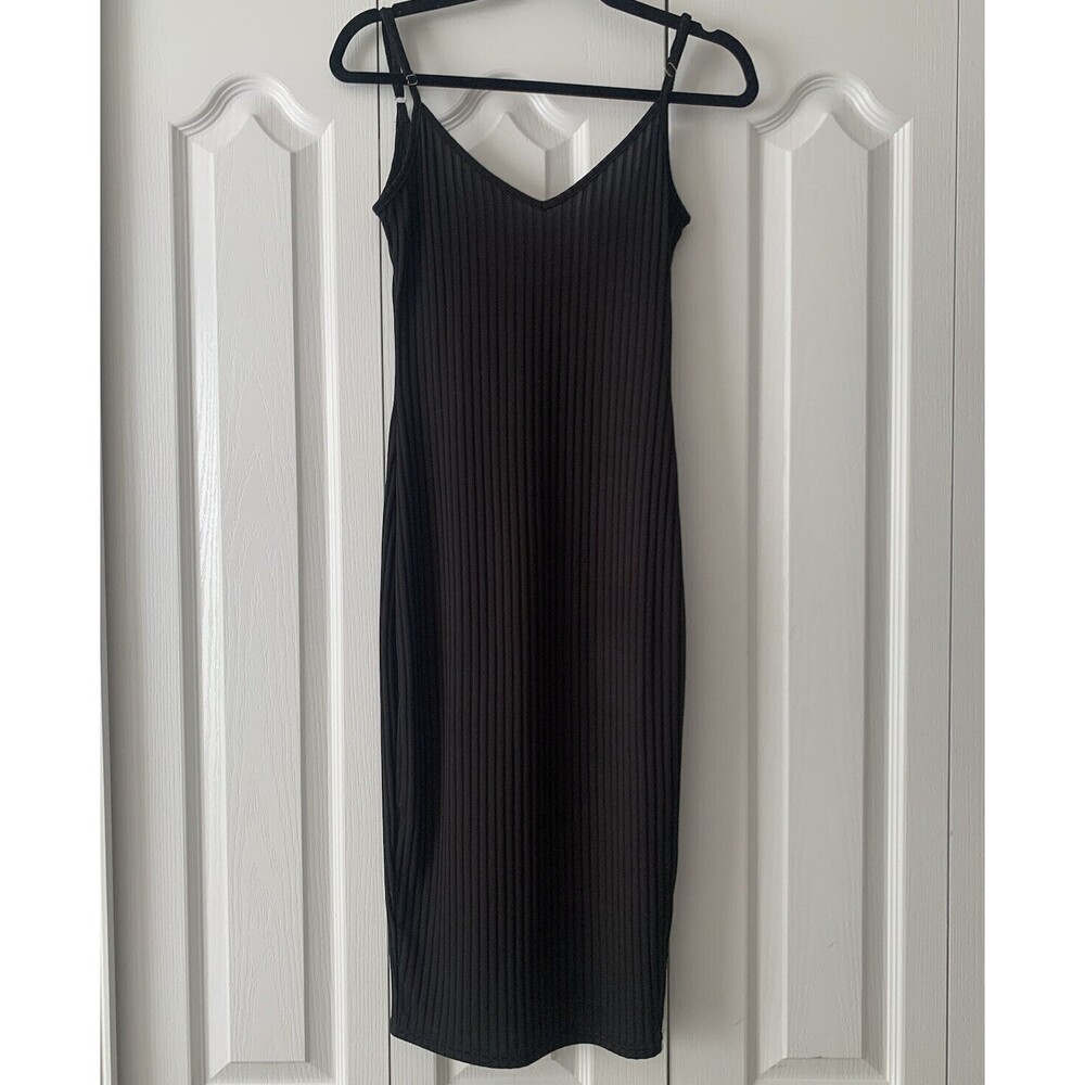 Shein Bodycon Dress Womens Small Black Ribbed Cami Spaghetti Strap Stretch Basic - Picture 2 of 11